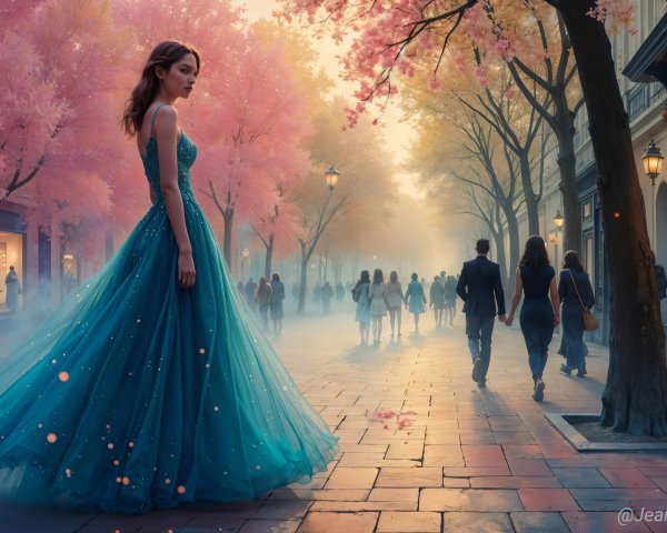 Young woman in turquoise gown among cherry blossoms