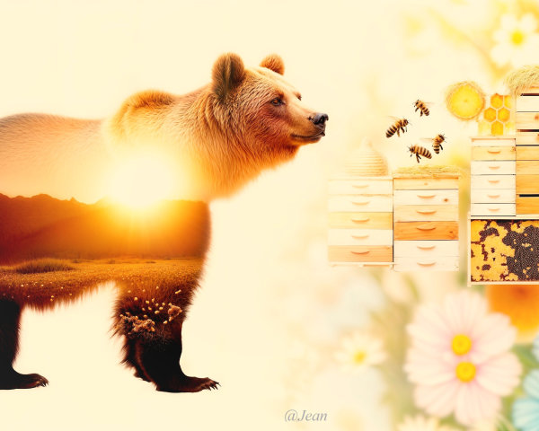 Bear Silhouette with Sunset and Nature Elements