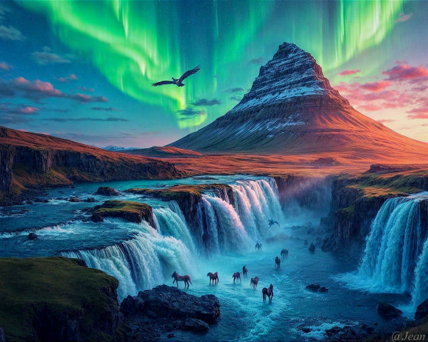 Mountain Landscape with Northern Lights and Dragons