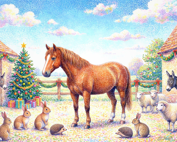 Pointillism Illustration of a Christmas Farm Scene