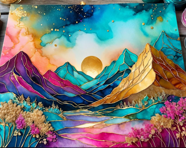 Vibrant Landscape Painting of Majestic Mountains at Sunset