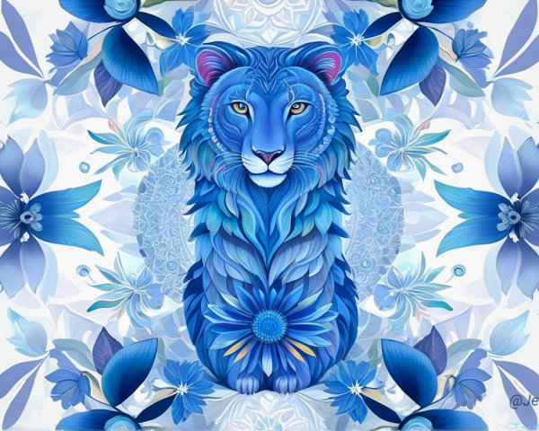Blue Lion Surrounded by Floral Design Elements