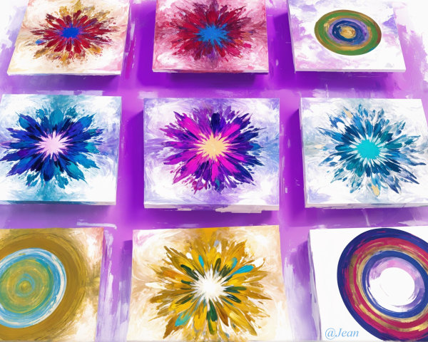 Vibrant Abstract Art Grid with Circular Motifs