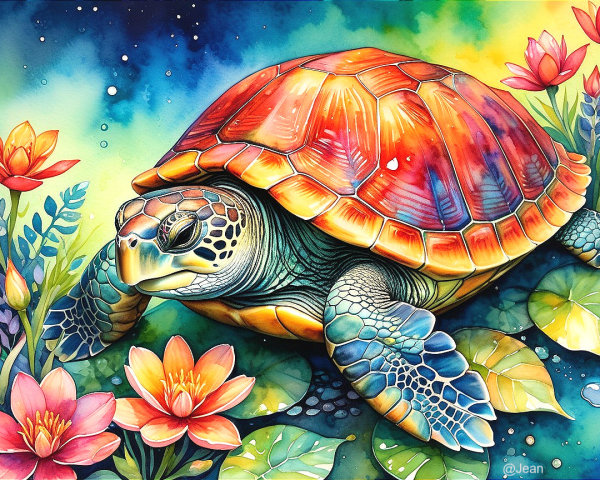 Vibrant Illustration of a Turtle Among Water Lilies