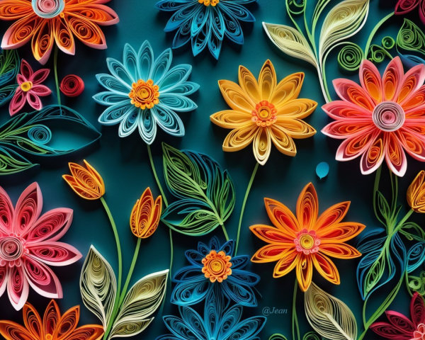 Vibrant Quilled Flowers and Leaves on Blue Background