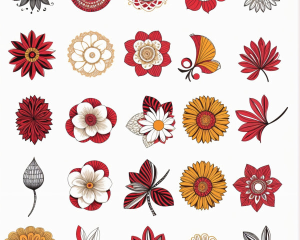 Vibrant Floral Designs with Red, Yellow, and Black Elements