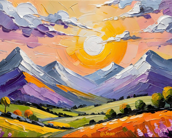 Vibrant Landscape Painting with Mountains and Sun