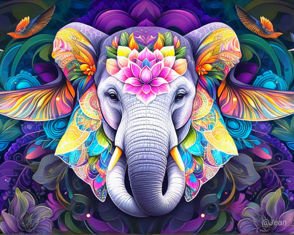 Colorful Elephant Face with Lotus Flower Design