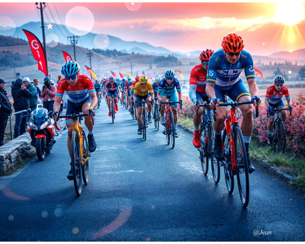 Competitive cycling event on a scenic sunset road