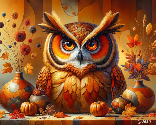 Majestic Owl Surrounded by Autumn Decor and Colors