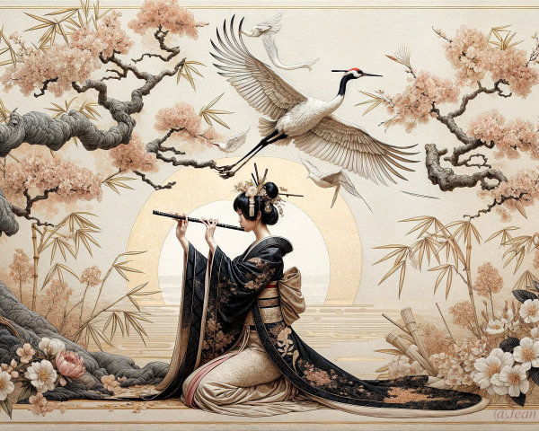 Woman in Traditional Attire Playing Flute Among Blossoms