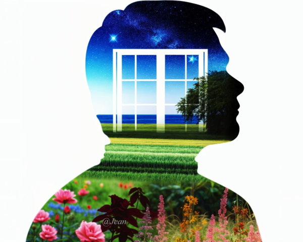 Silhouette with Vibrant Landscape and Starry Sky