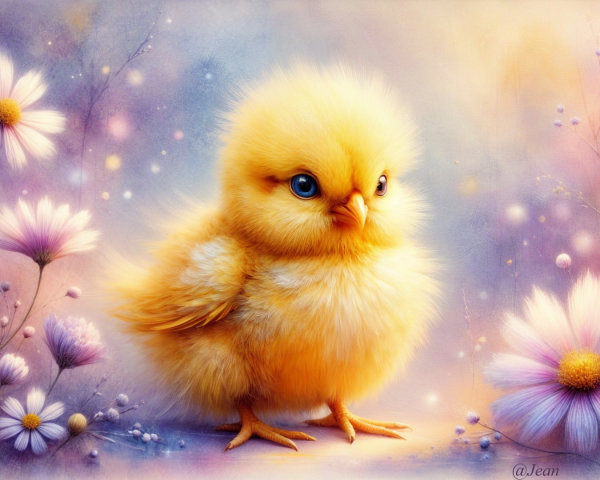 Fluffy Yellow Chick in Pastel Flower Background