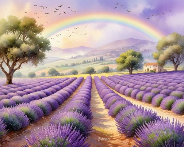 Vibrant Lavender Fields with Rainbow and Hills