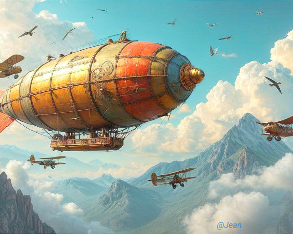 Steampunk Airship in a Cloudy Mountainous Landscape
