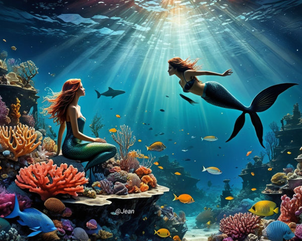 Underwater Scene with Mermaids and Coral Reefs