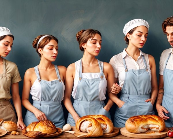 Young Bakers with Breads and Pastries at Wooden Table