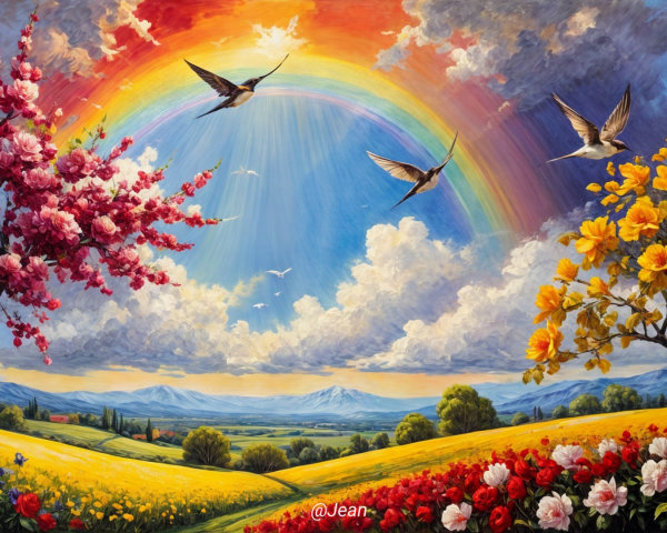 Vibrant Landscape with Rainbow and Blossoming Trees