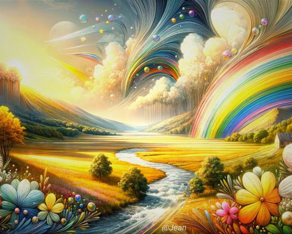Vibrant landscape with river, fields, and rainbow