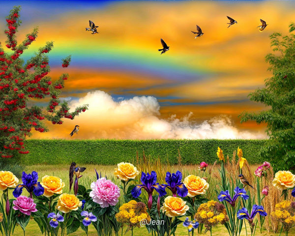 Vibrant Landscape with Colorful Flowers and Rainbow