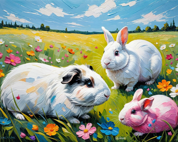 Rabbits and Guinea Pig in Colorful Meadow Setting