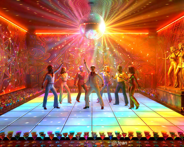 Psychedelic Disco Club with 70s Fashion and Lighting