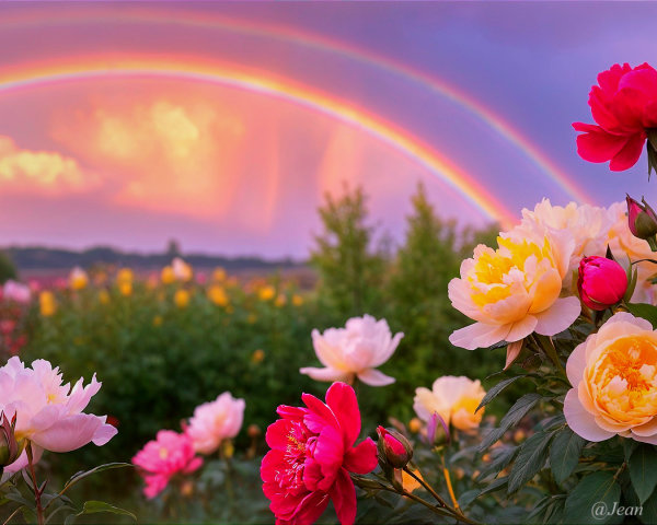 Vibrant garden with blooming flowers and double rainbow