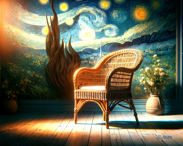 Wicker Chair Against Mural Inspired by Starry Night