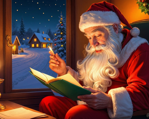 Santa Claus in Cozy Room with Candlelight and Snowy View