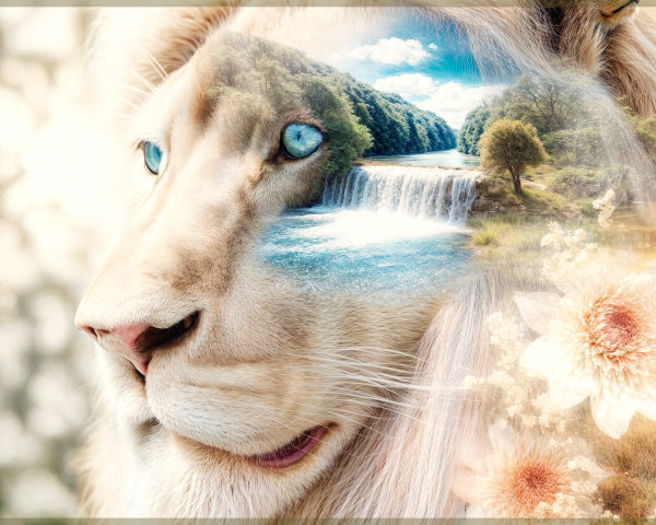 Ethereal Lion's Face with Serene Landscapes and Waterfall