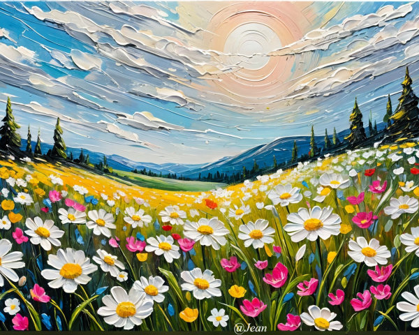 Vibrant Landscape with Daisies and Rolling Hills