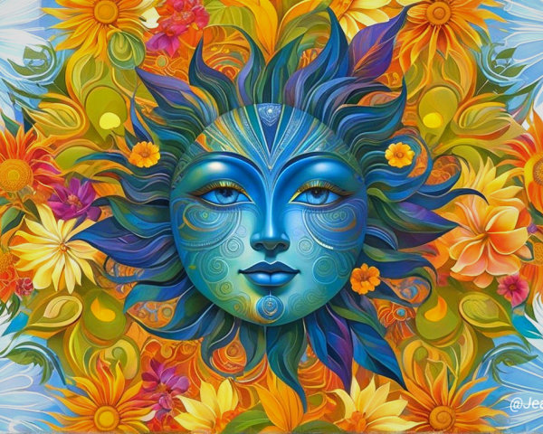 Abstract Sun Face Surrounded by Colorful Flowers