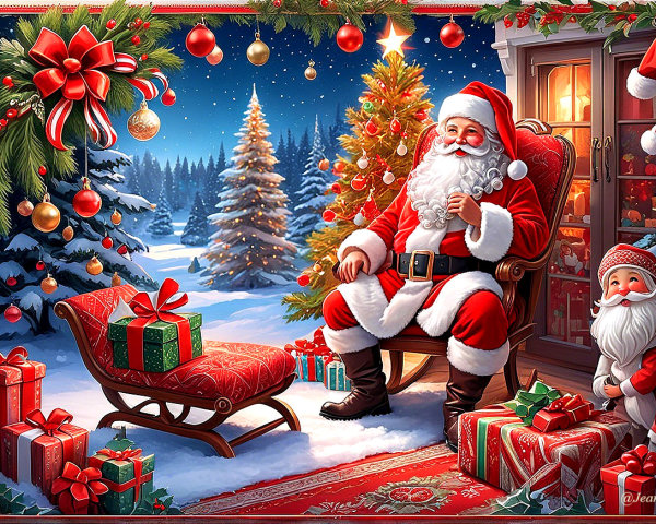 Santa Claus in a Cozy Winter Setting with Decorated Trees