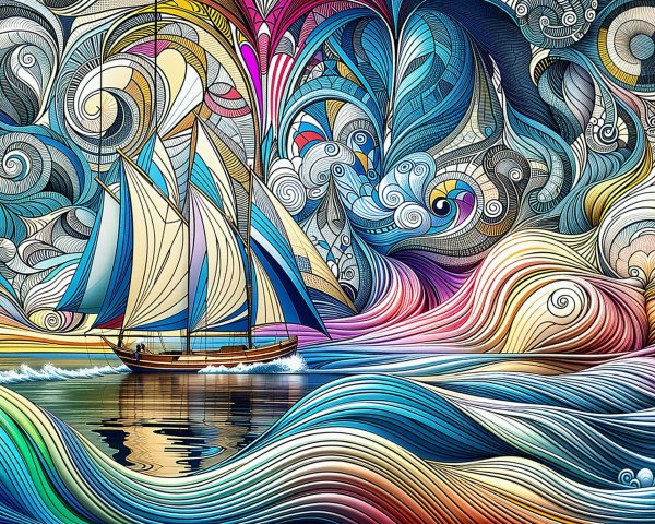 Vibrant Sailboat Scene on Reflective Colorful Waters