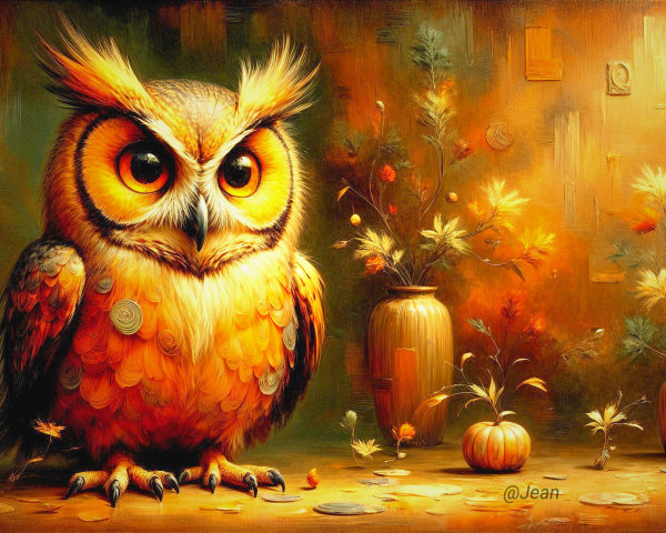 Vibrant Owl in Cozy Autumn Setting with Pumpkins