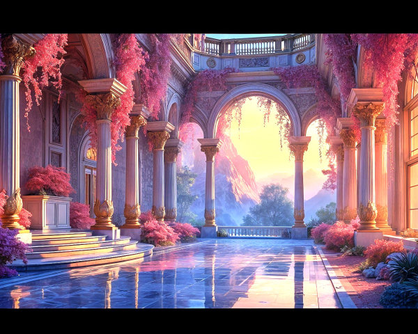 Majestic Columns with Pink Foliage and Sunlit Interior
