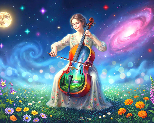 Woman in White Dress Playing Colorful Cello in Field