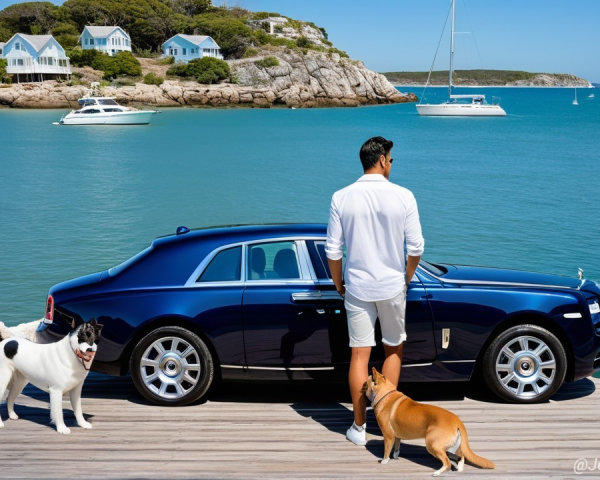 Man with dogs by blue luxury car at coastal dock