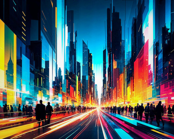 Futuristic cityscape with neon lights and skyscrapers