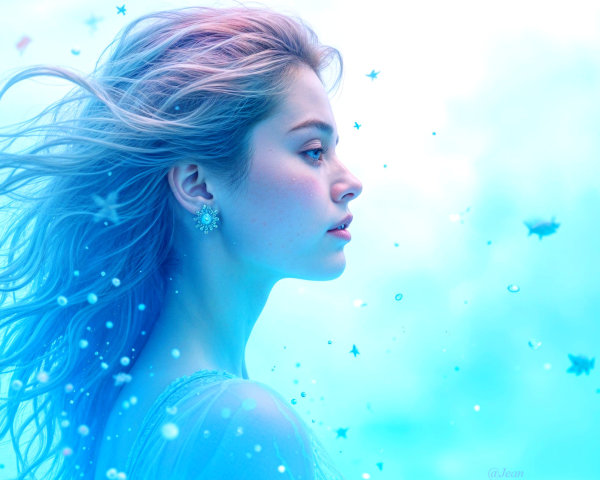 Side Profile of a Young Woman in Dreamlike Blue Light