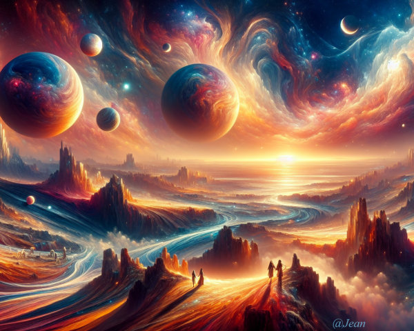 Vibrant Cosmic Landscape with Galaxies and Planets