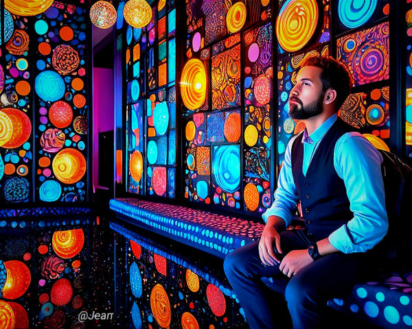 Man in Colorful Room with Circular Patterns and Lights