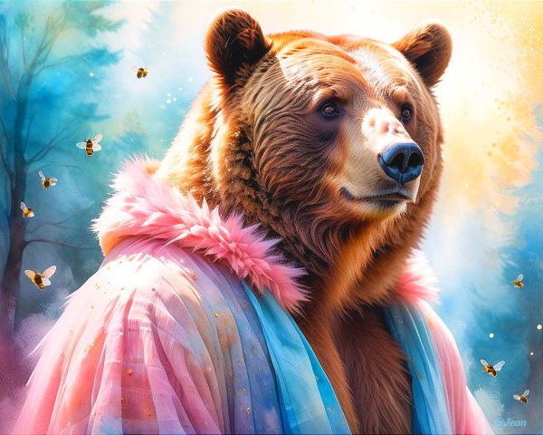 Majestic Bear in Pastel Gown in Dreamy Forest