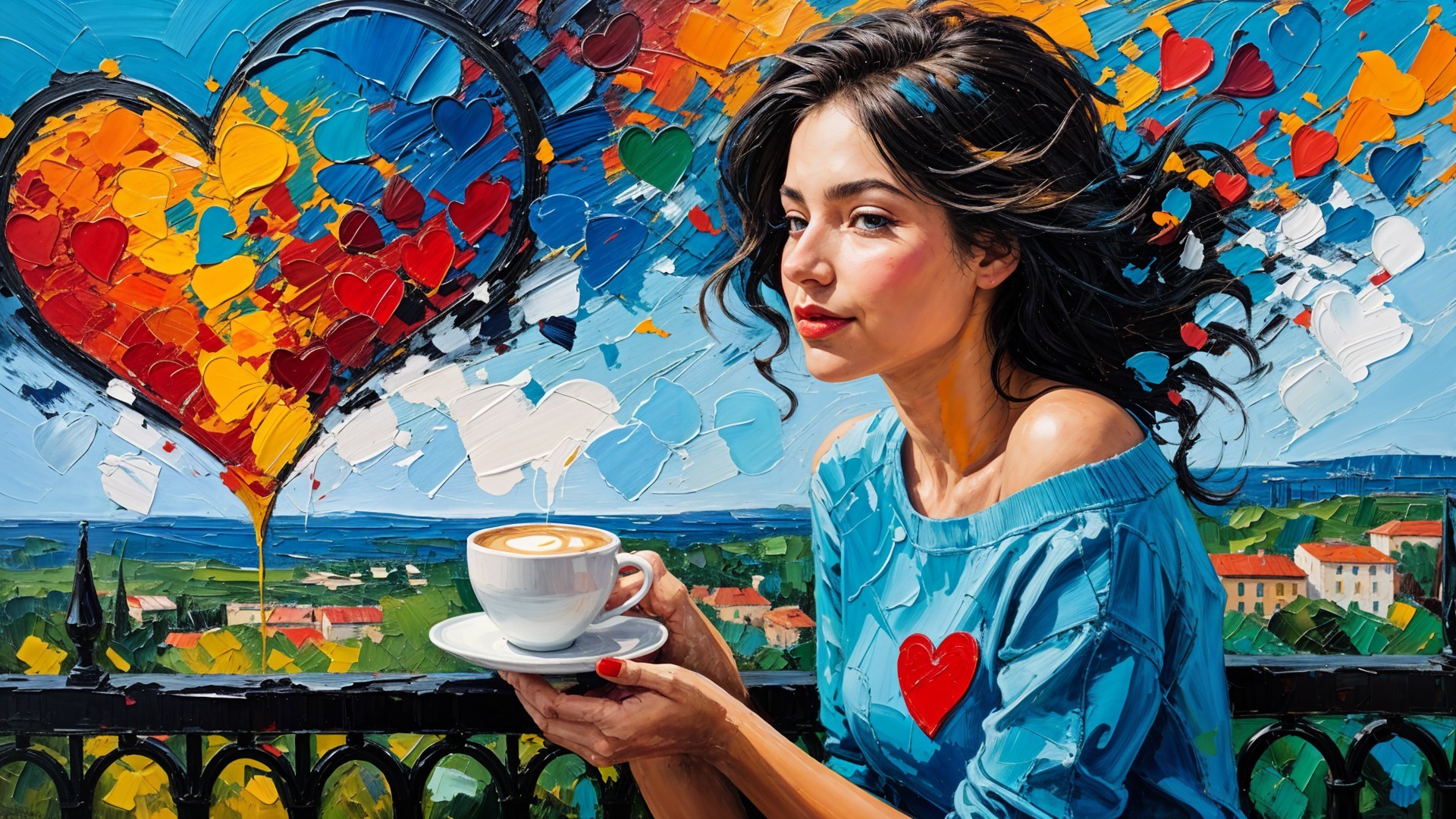 Impressionistic Scene of Woman with Coffee and Hearts