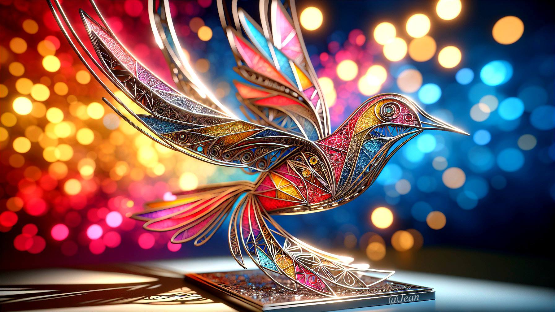 Colorful Metallic Bird Sculpture in Mid-Flight