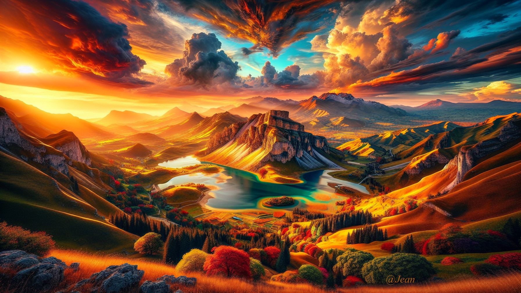 Sunset Landscape with Mountains and Autumn Foliage