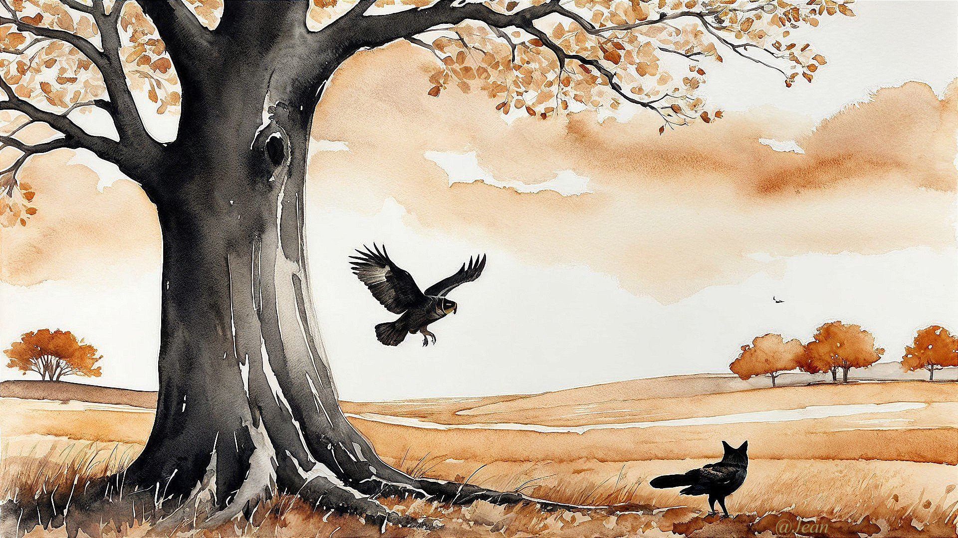 Tranquil Autumn Landscape with Golden Leaves and Crows