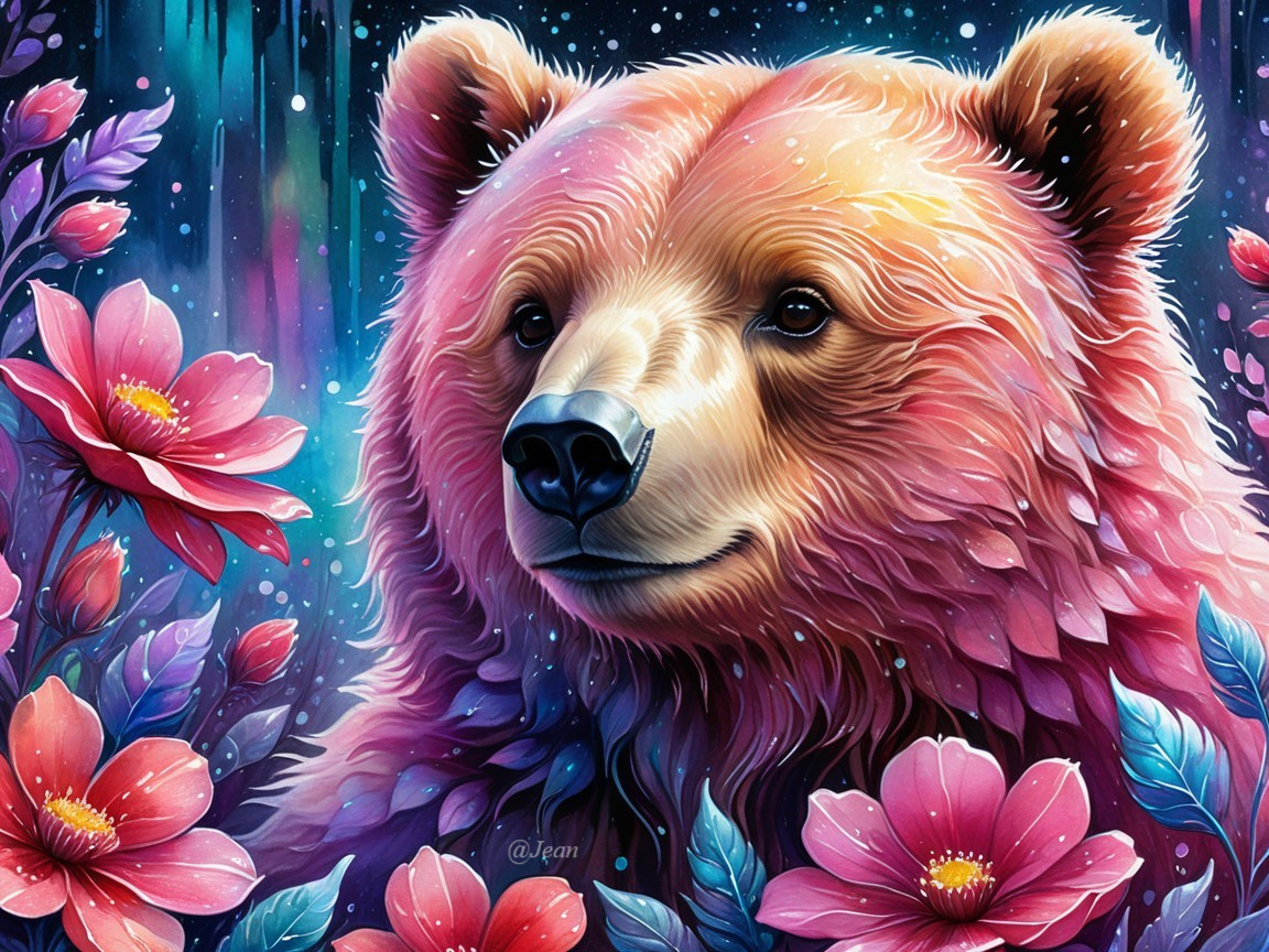 Majestic Bear Surrounded by Colorful Flowers