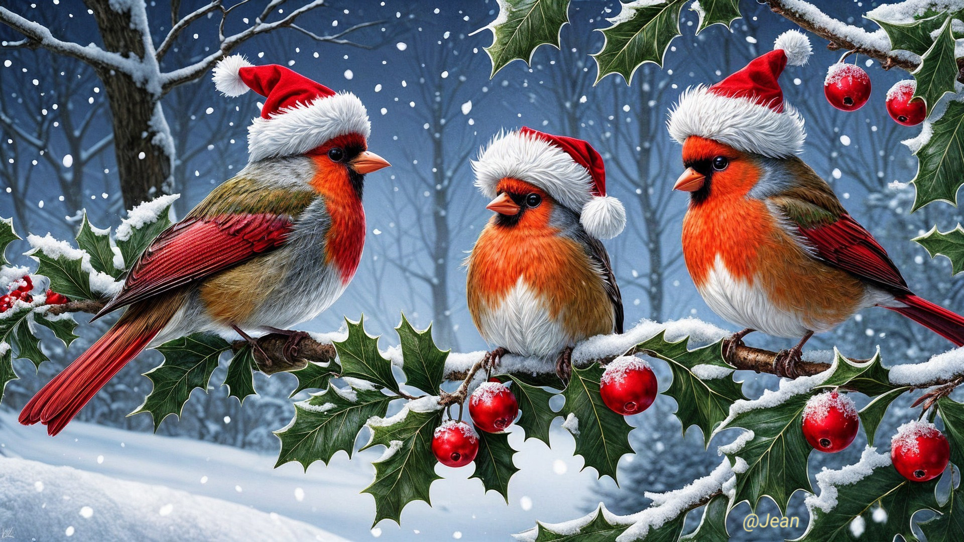 Cardinals in Santa Hats on Holly Branches in Snow