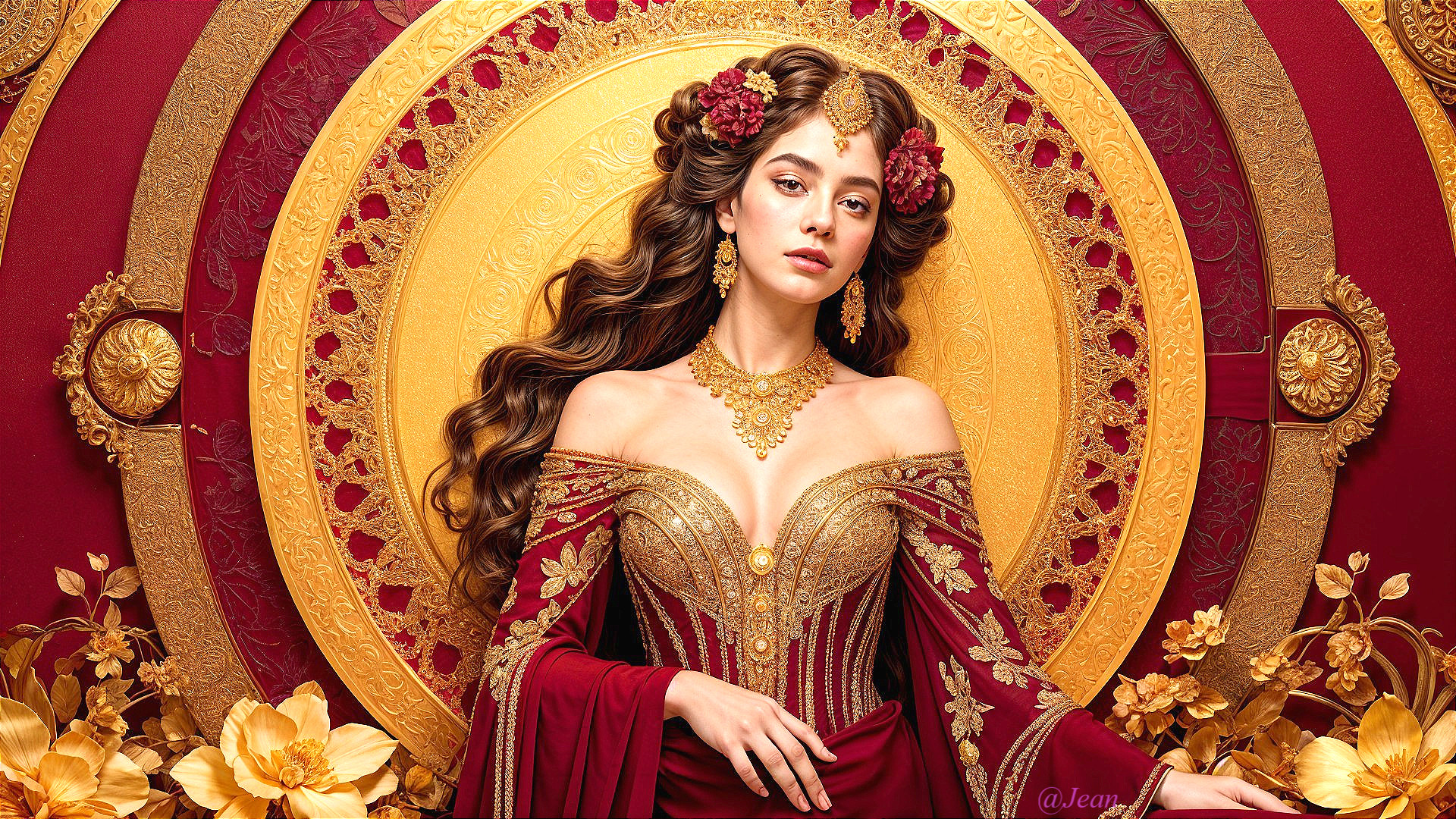 Woman in deep red gown with gold detailing and jewelry